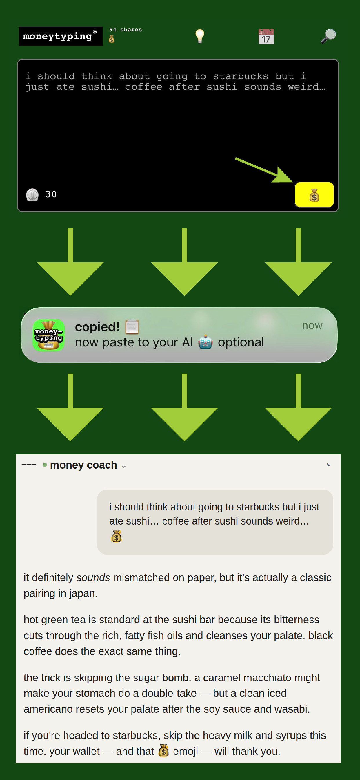 how moneytyping works — clipboard bridge to AI